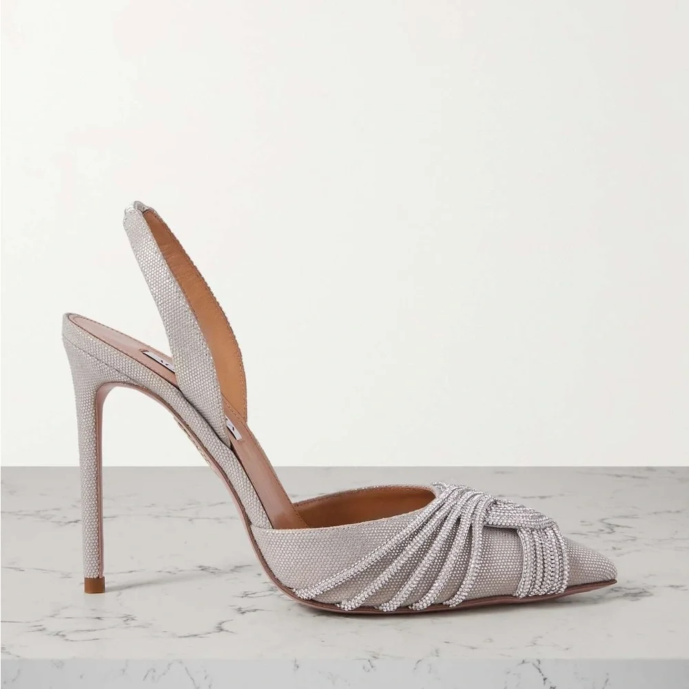 New AQUAZZURA Gatsby 105 crystal-embellished metallic canvas slingback pumps - Picture 5 of 13